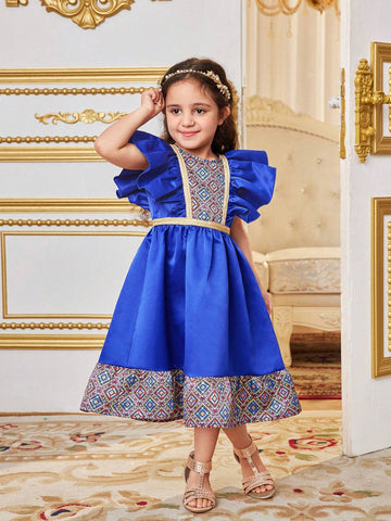Young Girl Holiday Style Colorblock Round Neck Geometric Pattern Ruffled Midi Dress