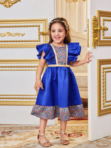 Young Girl Holiday Style Colorblock Round Neck Geometric Pattern Ruffled Midi Dress