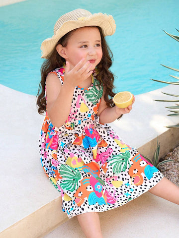 Young Girl Holiday Style Print Sleeveless Cinched Waist Dress
