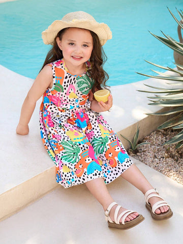Young Girl Holiday Style Print Sleeveless Cinched Waist Dress
