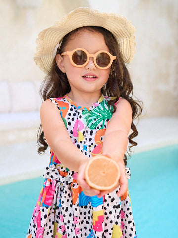 Young Girl Holiday Style Print Sleeveless Cinched Waist Dress