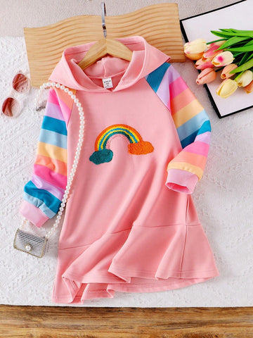 Young Girl Hooded Long Sleeve Rainbow Embroidered Splice Color Contrast Ruffle Hem Casual Dress