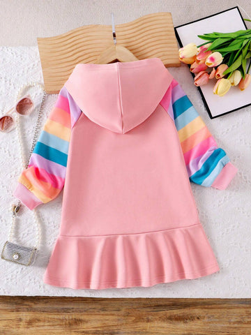 Young Girl Hooded Long Sleeve Rainbow Embroidered Splice Color Contrast Ruffle Hem Casual Dress