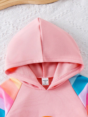 Young Girl Hooded Long Sleeve Rainbow Embroidered Splice Color Contrast Ruffle Hem Casual Dress