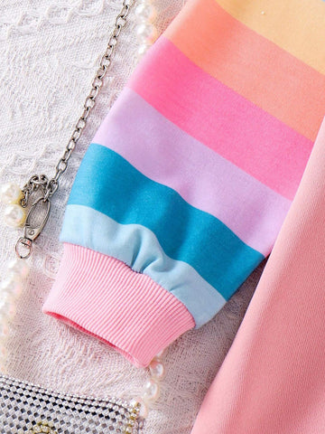 Young Girl Hooded Long Sleeve Rainbow Embroidered Splice Color Contrast Ruffle Hem Casual Dress