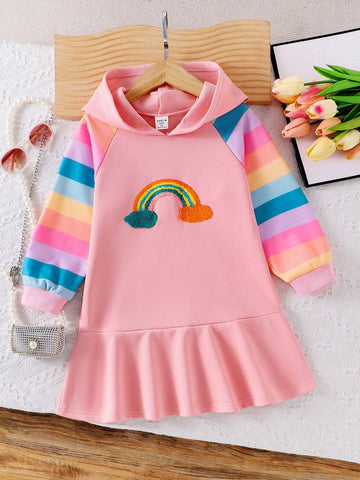 Young Girl Hooded Long Sleeve Rainbow Embroidered Splice Color Contrast Ruffle Hem Casual Dress