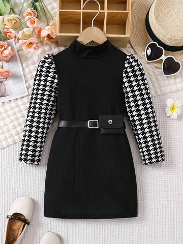 Young Girl Houndstooth Print Stand Collar Long Sleeve Dress