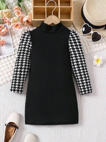 Young Girl Houndstooth Print Stand Collar Long Sleeve Dress