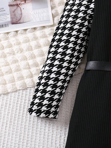 Young Girl Houndstooth Print Stand Collar Long Sleeve Dress
