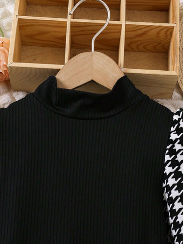 Young Girl Houndstooth Print Stand Collar Long Sleeve Dress