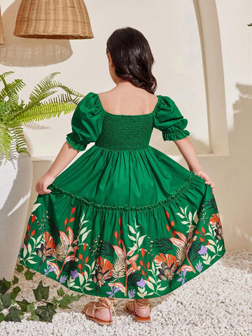 Young Girl Jointly Designed Cute Floral Pattern Bubble Sleeve Medium-Long Vacation Dress