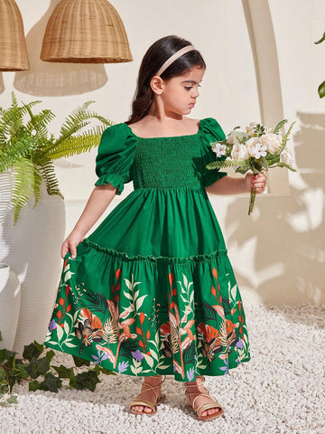 Young Girl Jointly Designed Cute Floral Pattern Bubble Sleeve Medium-Long Vacation Dress