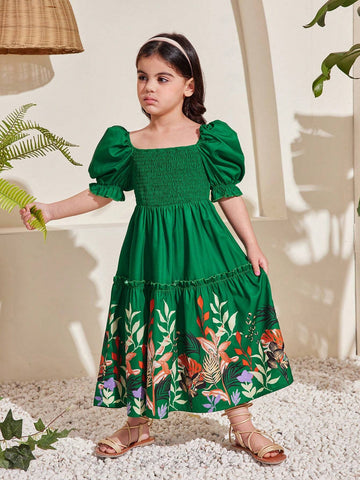 Young Girl Jointly Designed Cute Floral Pattern Bubble Sleeve Medium-Long Vacation Dress