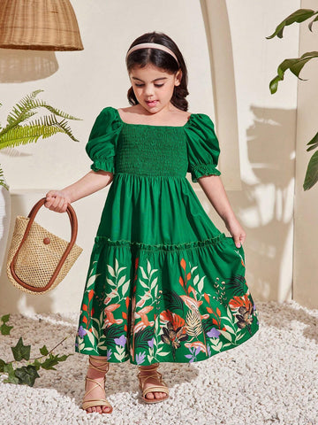 Young Girl Jointly Designed Cute Floral Pattern Bubble Sleeve Medium-Long Vacation Dress