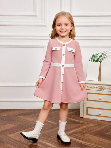 Young Girl Knit Color Block Round Neck Bodycon Casual Dress