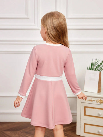 Young Girl Knit Color Block Round Neck Bodycon Casual Dress
