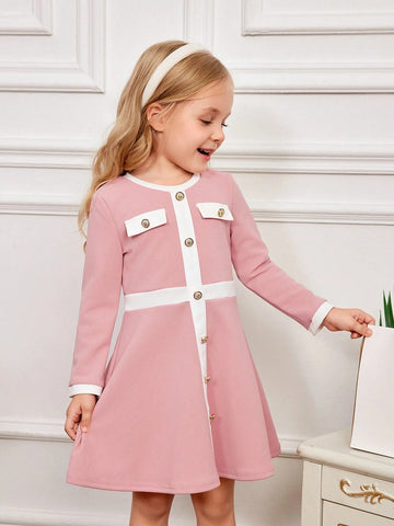 Young Girl Knit Color Block Round Neck Bodycon Casual Dress