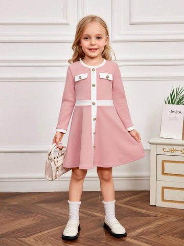Young Girl Knit Color Block Round Neck Bodycon Casual Dress