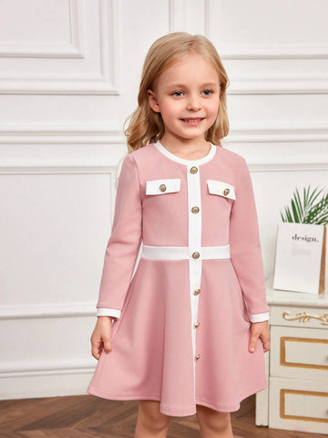 Young Girl Knit Color Block Round Neck Bodycon Casual Dress