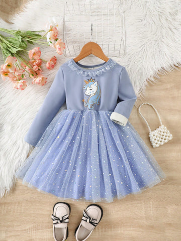 Young Girl Knit Crew Neck Ruffled Hem Unicorn Patchwork Mesh Cute Dress