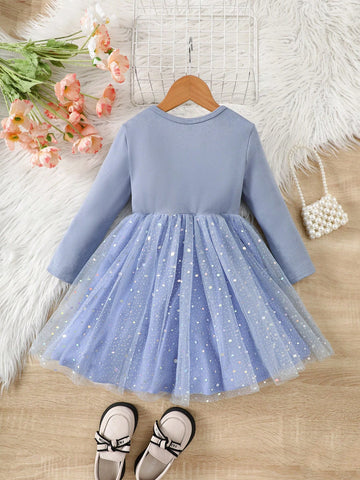 Young Girl Knit Crew Neck Ruffled Hem Unicorn Patchwork Mesh Cute Dress