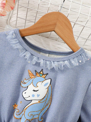 Young Girl Knit Crew Neck Ruffled Hem Unicorn Patchwork Mesh Cute Dress