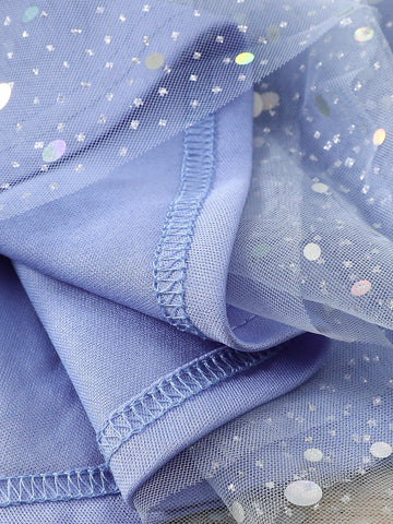 Young Girl Knit Crew Neck Ruffled Hem Unicorn Patchwork Mesh Cute Dress