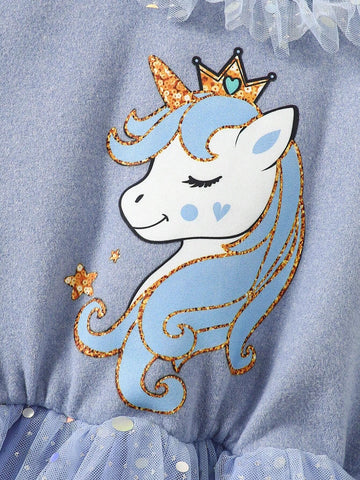Young Girl Knit Crew Neck Ruffled Hem Unicorn Patchwork Mesh Cute Dress