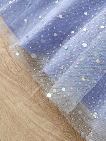 Young Girl Knit Crew Neck Ruffled Hem Unicorn Patchwork Mesh Cute Dress