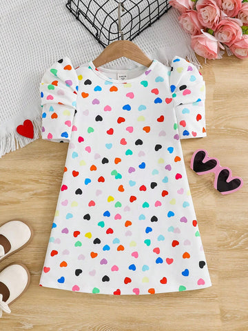 Young Girl Knit Heart Love Pattern Crew Neck Bubble Sleeve Fitted Casual A-Line Dress