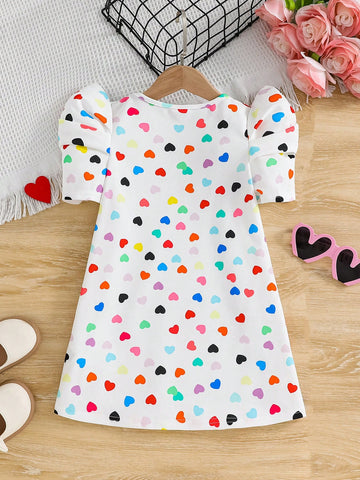 Young Girl Knit Heart Love Pattern Crew Neck Bubble Sleeve Fitted Casual A-Line Dress