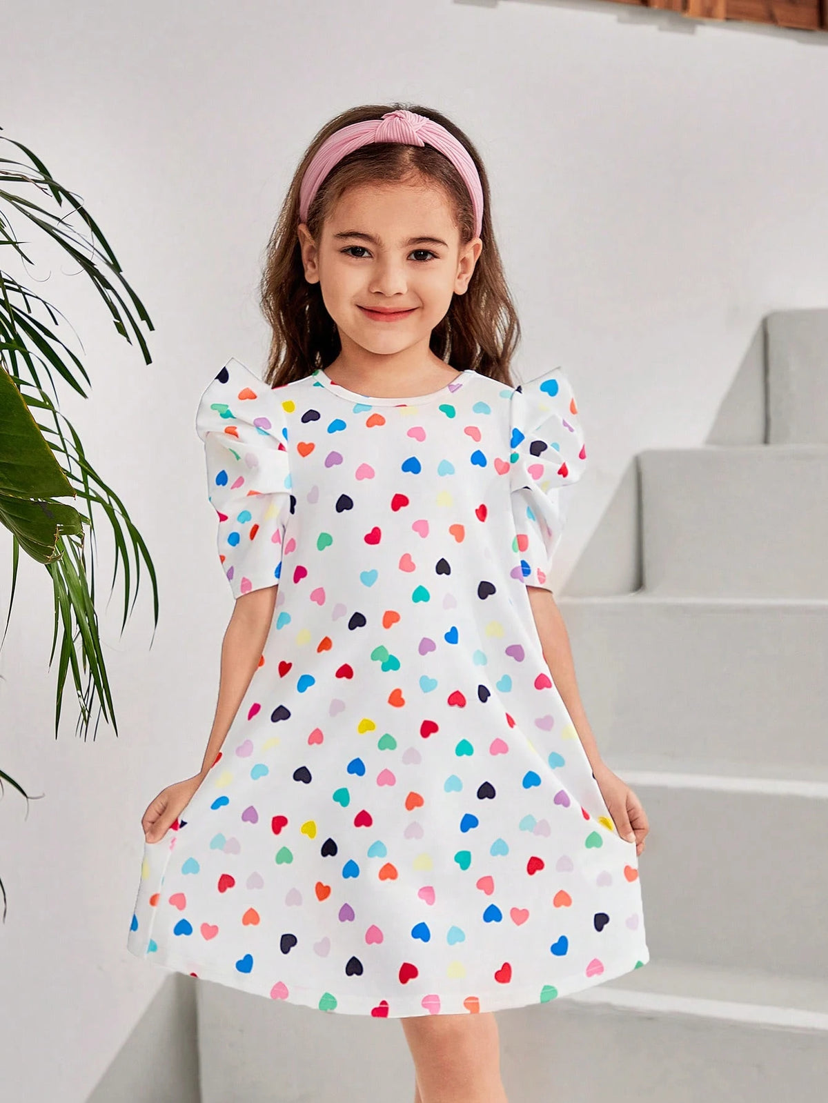 Young Girl Knit Heart Love Pattern Crew Neck Bubble Sleeve Fitted Casual A-Line Dress