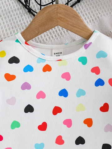 Young Girl Knit Heart Love Pattern Crew Neck Bubble Sleeve Fitted Casual A-Line Dress