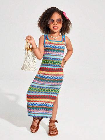 Young Girl Knit Jacquard Crewneck Sleeveless Fitted Casual Dress