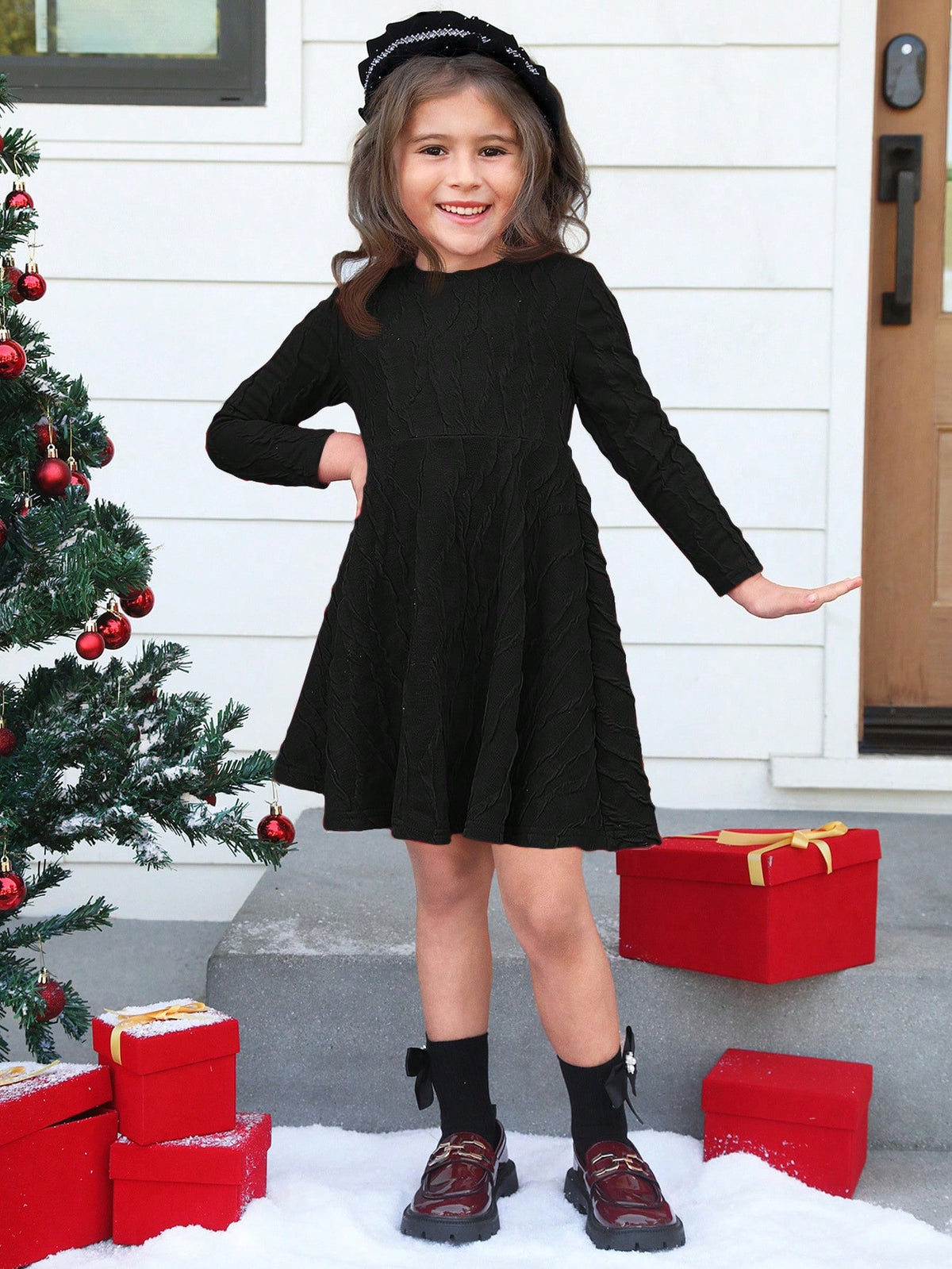 Young Girl Knit Jacquard Fabric Solid Color A-Line Elegant Long Sleeve Dress