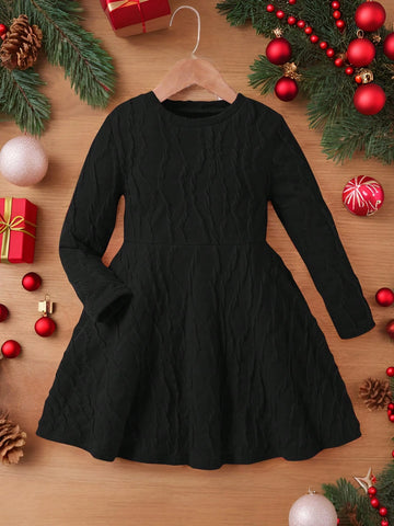 Young Girl Knit Jacquard Fabric Solid Color A-Line Elegant Long Sleeve Dress