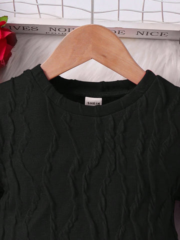 Young Girl Knit Jacquard Fabric Solid Color A-Line Elegant Long Sleeve Dress