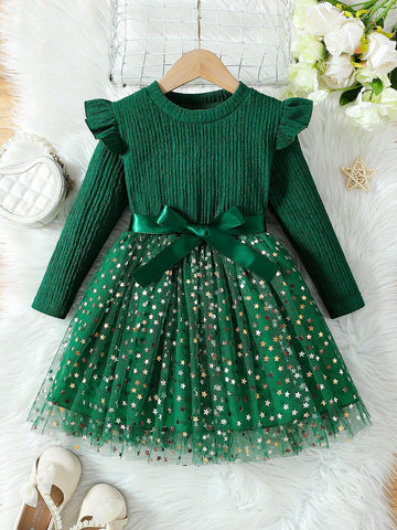 Young Girl Knit Long Sleeve Patchwork Star Mesh Puffy Princess Dress
