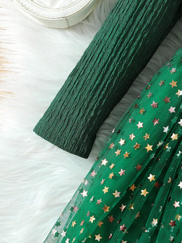 Young Girl Knit Long Sleeve Patchwork Star Mesh Puffy Princess Dress
