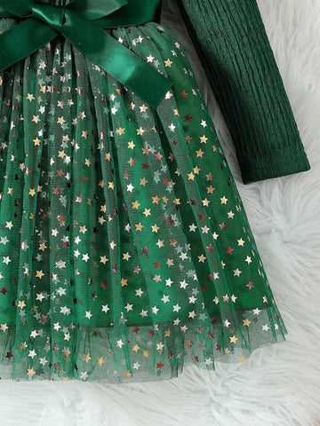 Young Girl Knit Long Sleeve Patchwork Star Mesh Puffy Princess Dress