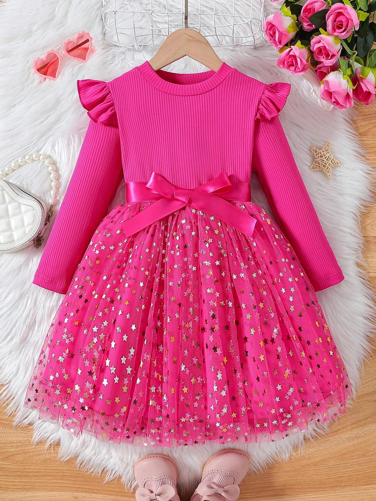 Young Girl Knit Long Sleeve Sheer Star Mesh Star Puffy Dress