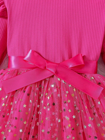 Young Girl Knit Long Sleeve Sheer Star Mesh Star Puffy Dress