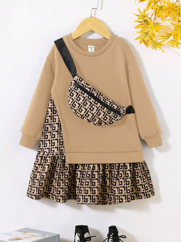 Young Girl Knit Pullover Patchwork Print Sweatshirt & Sling Bag Set