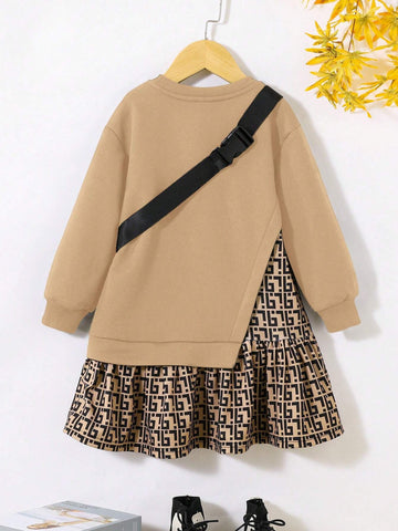 Young Girl Knit Pullover Patchwork Print Sweatshirt & Sling Bag Set