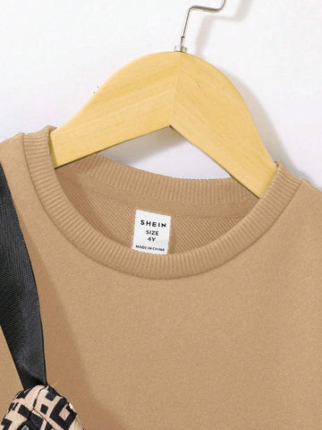 Young Girl Knit Pullover Patchwork Print Sweatshirt & Sling Bag Set