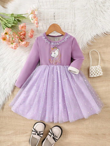 Young Girl Knit Round Neck Ruffle Trim Unicorn Pattern Mix Woven Mesh Cute Mini Dress