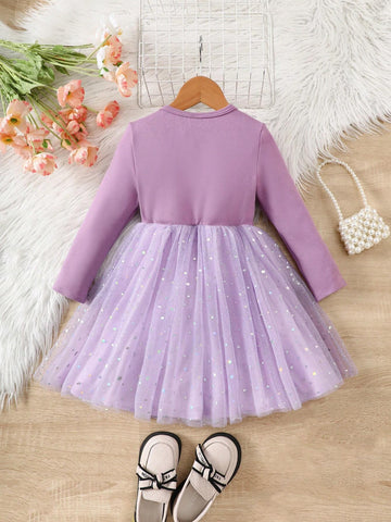 Young Girl Knit Round Neck Ruffle Trim Unicorn Pattern Mix Woven Mesh Cute Mini Dress
