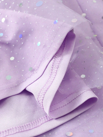 Young Girl Knit Round Neck Ruffle Trim Unicorn Pattern Mix Woven Mesh Cute Mini Dress
