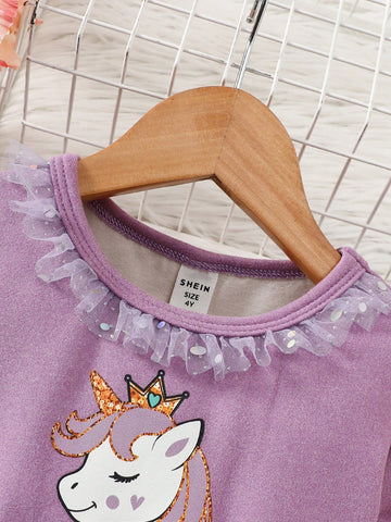 Young Girl Knit Round Neck Ruffle Trim Unicorn Pattern Mix Woven Mesh Cute Mini Dress