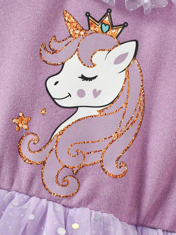 Young Girl Knit Round Neck Ruffle Trim Unicorn Pattern Mix Woven Mesh Cute Mini Dress